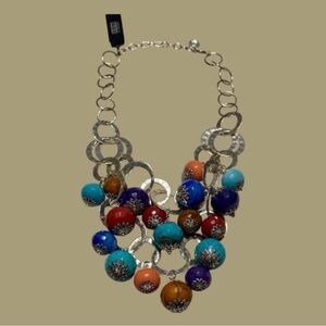 Vintage Multicolor Beaded Necklace with Silver Hammered Rings Chains Necklace